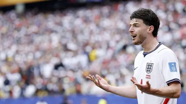 Declan Rice of England during the FIFA 2026 World Cup Group L match between England and Ghana at Boston Stadium on June 23, 2026, in Foxborough, United States.