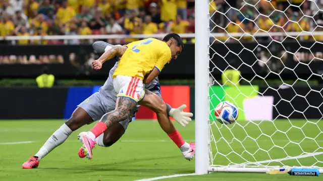 Daniel Munoz of Colombia scores a goal that was disallowed due to an offside violation during the FIFA World Cup 2026 Group K match between Colombia and Congo DR.