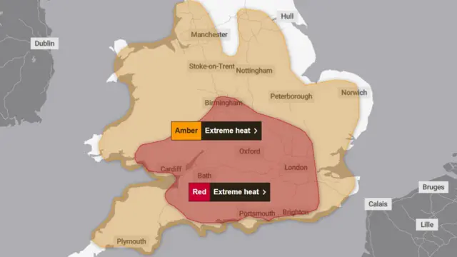 A Met Office graphic showing the amber and red alerts in effect for extreme heat. It covers much of the south east, south west, east midlands, north wales, and most of the north of England.