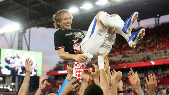 Luka Modric #10 of Croatia celebrates with teammates after earning his 200th cap during the FIFA World Cup 2026 Group L match between Panama and Croatia at Toronto Stadium on June 23, 2026 in Toronto, Ontario.