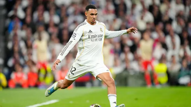 Trent Alexander-Arnold right-back of Real Madrid and England makes a save during the UEFA Champions League 2025/26 Quarter-Final First Leg match between Real Madrid CF and FC Bayern München at Estadio Santiago Bernabeu on April 7, 2026 in Madrid, Spain