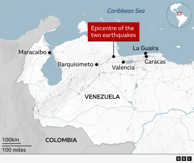 Map of northern Venezuela showing the locations of two earthquake epicentres along the Caribbean coast. Black dots mark major cities including Maracaibo (west), Barquisimeto (central-west), Valencia (central), Caracas, and La Guaira (near the coast). A highlighted label points to the epicentre area north of Valencia, close to the coast. The Caribbean Sea is shown to the north and Colombia to the southwest and a small inset world map shows the region’s location.