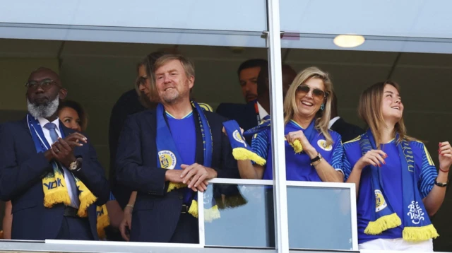 Prime Minister of Curacao Gilmar Simon Pisas, Netherlands King Willem-Alexander, Queen Maxima and Princess Ariane are seen in the stands