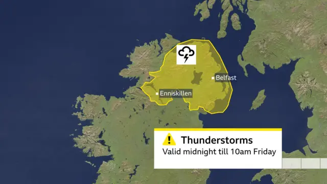 A map showing the area of northern Ireland highlighted in yellow with an icon indicating a yellow warning for thunderstorms