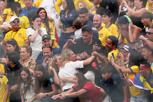Sebastian Beccacece Manager / Head Coach of Ecuador celebrates with the fans