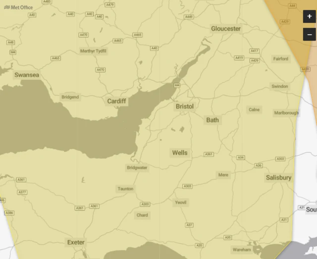 A large yellow colour is superimposed onto a map of the west country and south Wales