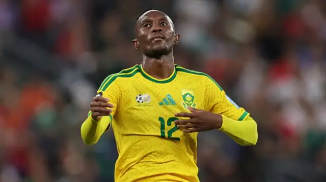 South Africa's forward #12 Thapelo Maseko reacts during the 2026 World Cup Group A football match between South Africa and South Korea.