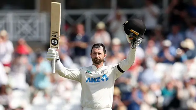 New Zealand's Devon Conway celebrates 100 runs