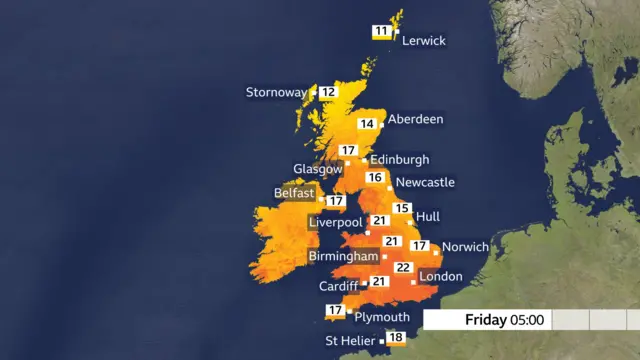 UK weather forecast for 0500 BST on Friday morning