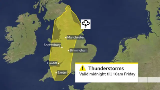 A map shows the areas of England affected by thunderstorm warnings