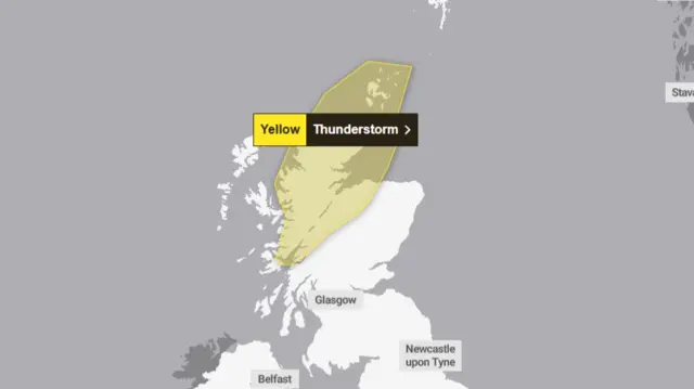 A Met Office graphic showing a yellow weather warning for thunderstorms for parts of northern Scotland