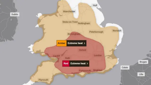 A map of the south of England with red and amber warnings in place.