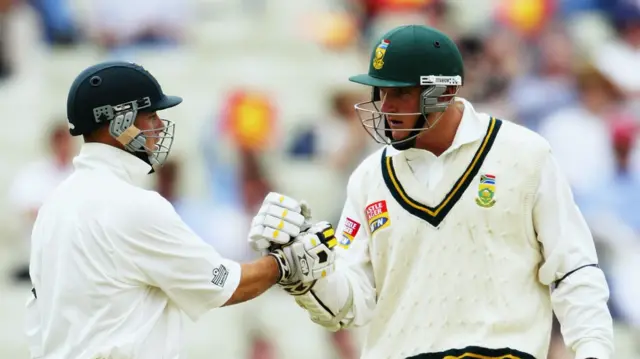 South Africa openers Graeme Smith and Herschelle Gibbs punch gloves at Edgbaston in 2003