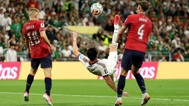 Israel Reyes #15 of Mexico kicks during the FIFA World Cup 2026 Group A match between Czechia and Mexico.