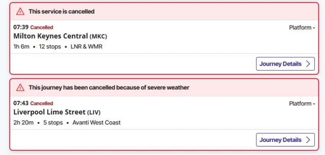 Cancellations from Euston, shown on the National Rail site