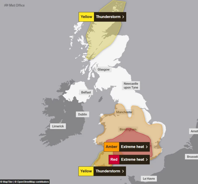 Map showing weather warnings in place on Thursday