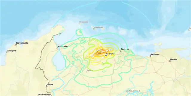 A map showing the epicentre of the 7.5-magnitude earthquake whose epicentre is to the west of Caracas.