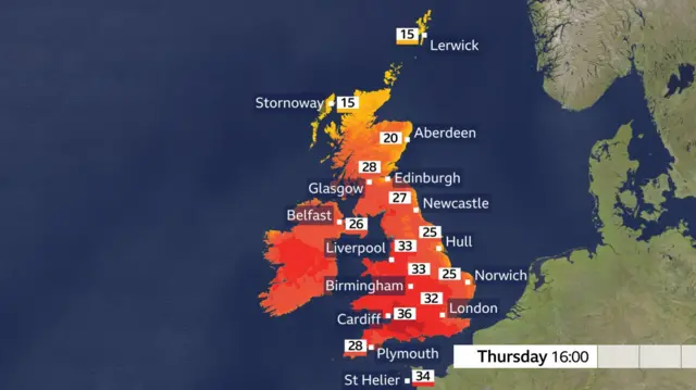 A map showing the UK with red and orange markings and temperatures ranging from 15 in Lerwick to 36C in Cardiff.