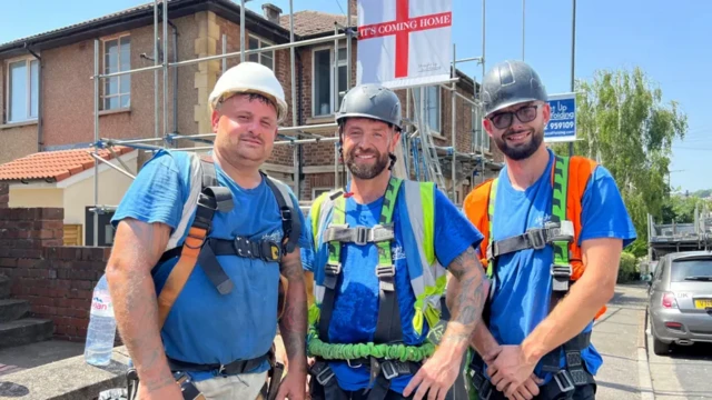 Phil, Lewis and Louis from Straight up Scaffolding say the heat is testing them, despite their "rhino skin"