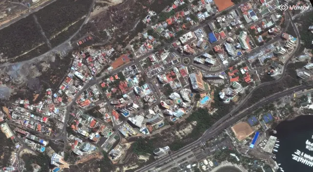 Vantor satellite image shows Playa Grande neighborhood with undamaged high-rise apartments and infrastructure before the 2026 earthquake