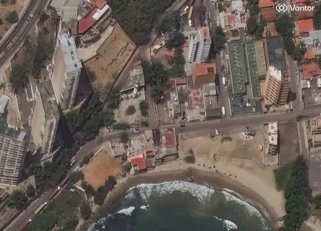 Vantor satellite image shows before view of earthquake damage to buildings in the Playa Grande neighborhood of La Guaira