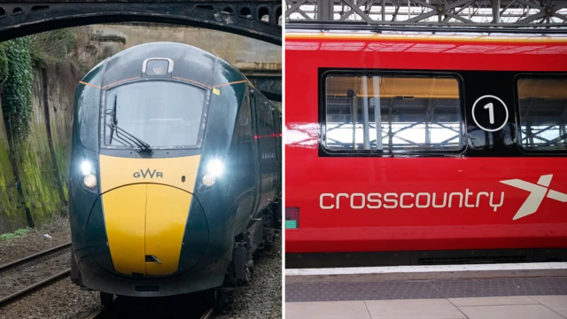 A great western train left and a cross country train right