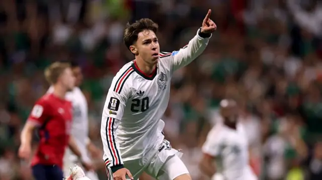 Mateo Chavez #20 of Mexico celebrates scoring his team's first goal during the FIFA World Cup 2026 Group A match between Czechia and Mexico.
