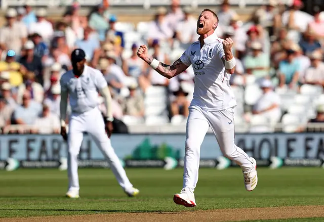 England Captain Ben Stokes celebrates with relief after England take first wicket