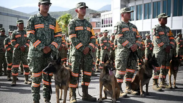 Members of army standing in lines with several rescue dogs