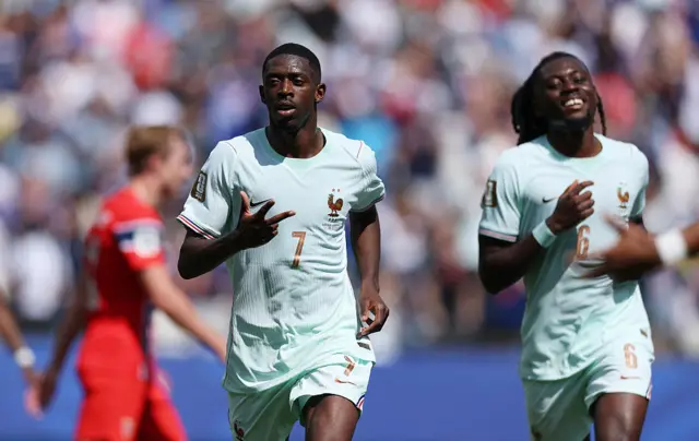 Ousmane Dembele #7 of France celebrates scoring his team's third goal