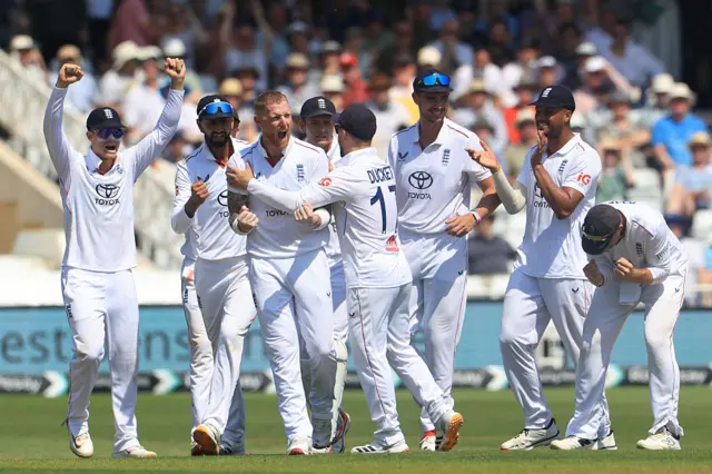 England team celebrate wicket
