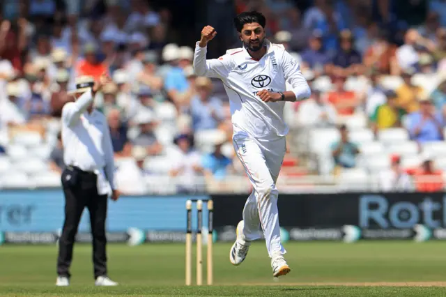 Bashir celebrates after dismissing Blundell for LBW