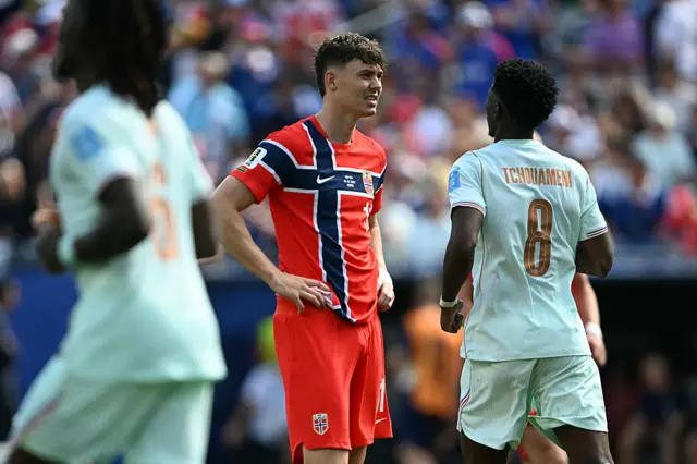 Norway's forward #11 Jorgen Strand Larsen reacts