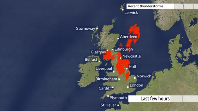 Weather map showing recent thunderstorms across northern England and southern Scotland