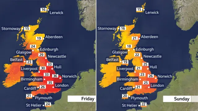 A composite image showing heat forecasts dropping across the UK from Friday to Sunday