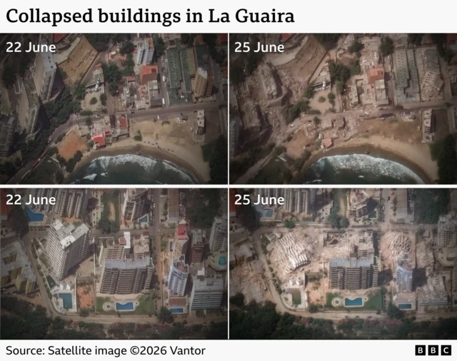 Two sets of before and after satellite images of two areas of La Guaira from 22 June and 25 June. In the first after you can see enormous damage to many buildings, including some which have been totally flattened. In the second there are two high-rise blocks which have collapsed entirely. Source: Satellite image 2026 Vantor.