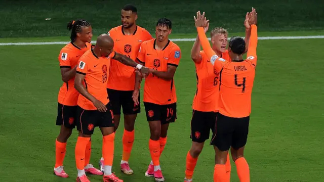 Jan-Paul van Hecke of Netherlands celebrates with teammates after scoring his team's third goal during the FIFA World Cup 2026 Group F match between Tunisia and Netherlands.