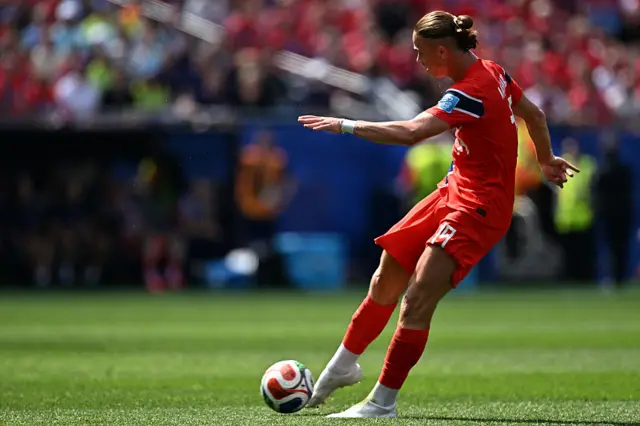 Norway's midfielder #19 Thelo Aasgaard shoots and scores his team's first goal