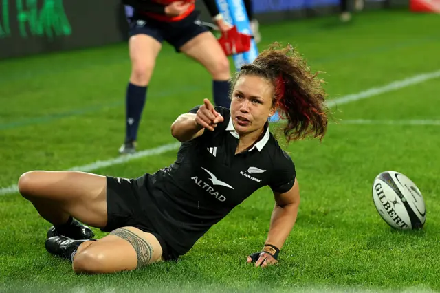 Ruby Tui celebrates scoring a try for New Zealand against Australia
