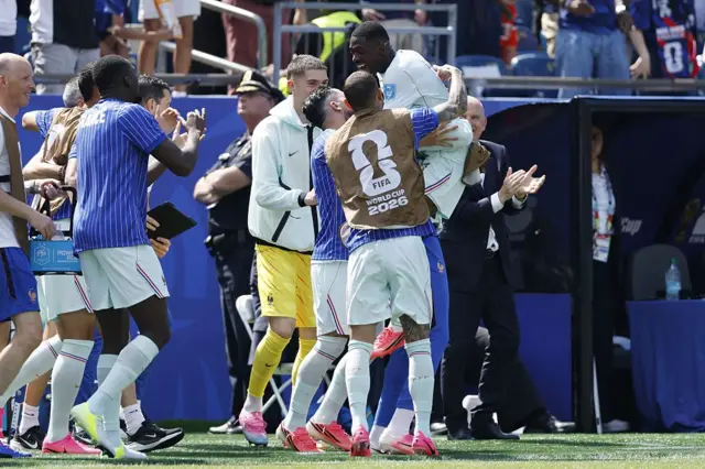 Ousmane Dembele #7 of France celebrates scoring his team's second goal