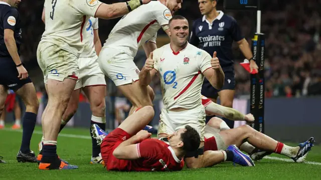 Ben Earl celebrates scoring for England against Wales