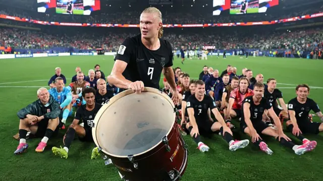 Haaland and his team celebrate after their win over Senegal