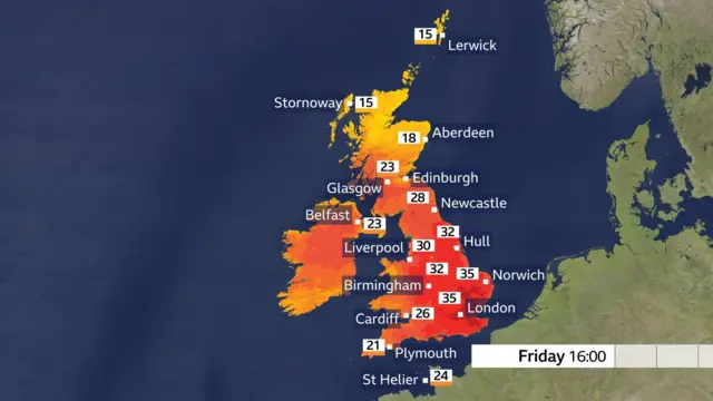Map with forecast of temperatures