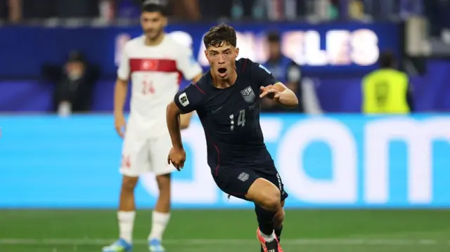 Sebastian Berhalter #14 of the United States celebrates scoring his team's second goal during the FIFA World Cup 2026 Group D match between Türkiye and USA.