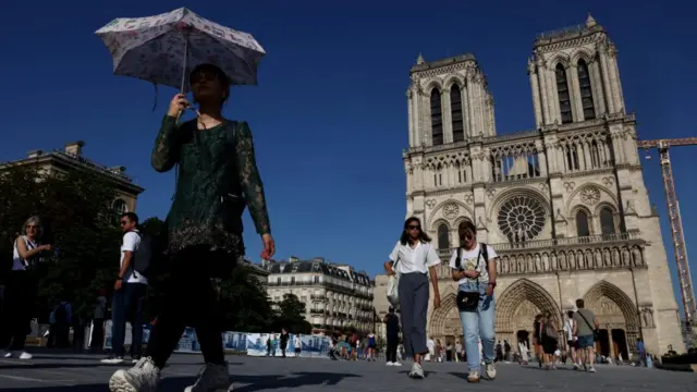 a woman shielding her face from the sun with a parasol walks in the plaza of Notre Dame Cathedral in Paris.