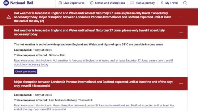 A screenshot of the National Rail website showing warnings to only travel if essential on Friday
