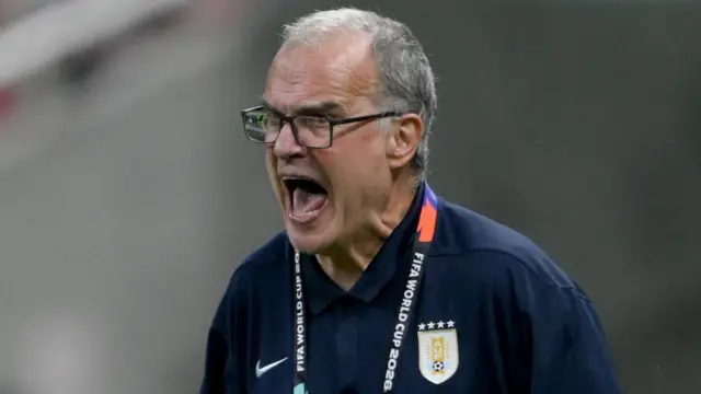 Uruguay manager Marcelo Bielsa shouts