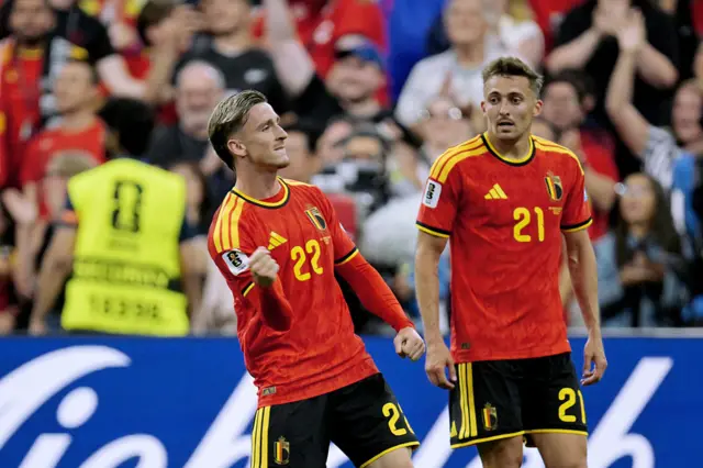 Alexis Saelemaekers of Belgium celebrates 1-5 with Timothy Castagne of Belgium during the World Cup match between New Zealand v Belgium at the Vancouver Stadium on June 26, 2026 in Vancouver Canada