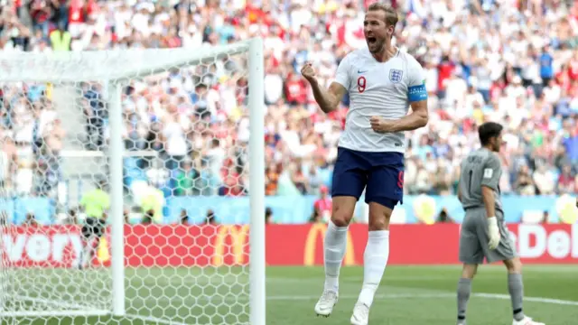Harry Kane celebrates for England against Panama in 2018