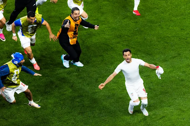 Shoja Khalilzadeh #4 of IR Iran reacts after scoring a goal that was ruled offside following a VAR review during the FIFA World Cup 2026 Group G match against Egypt at Seattle Stadium on June 26, 2026 in Seattle, Washington.